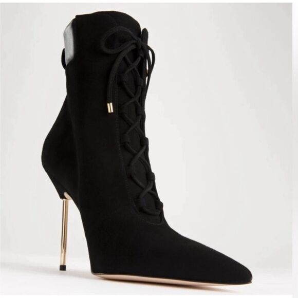 GOOD AMERICAN Black Suede Stiletto Lace Up Ankle Boot Bootie Hiking Size 5.5 New - Picture 1 of 11